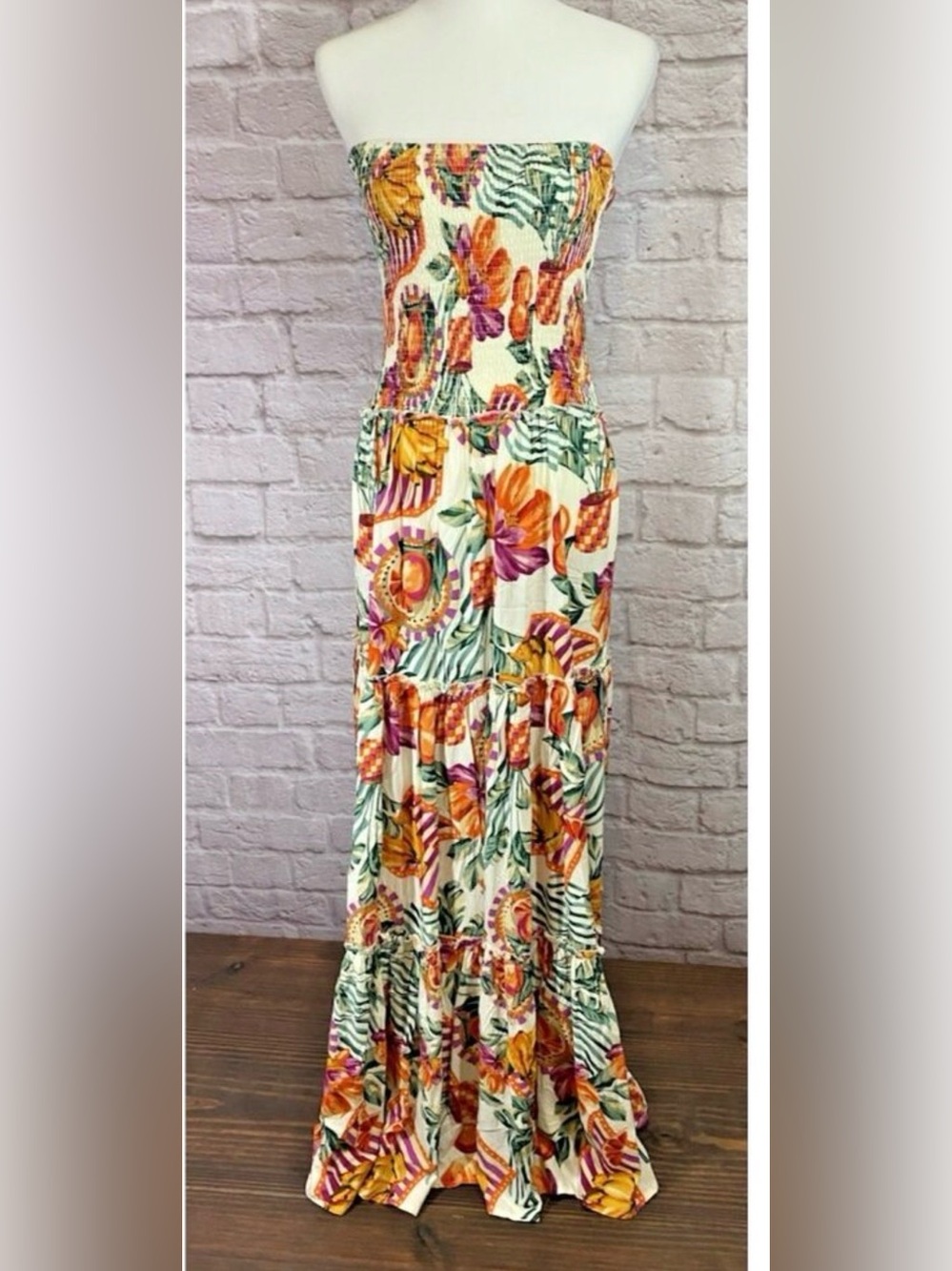 Strapless Floral Maxi Dress in Cream with Orange & Green Print